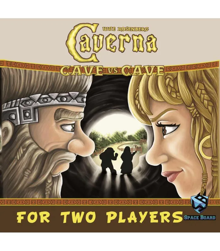 جلد بازی Caverna: Cave vs Cave با نقش رخ‌به‌رخِ دو کوتوله و دهانهٔ غاری میان آن‌ها