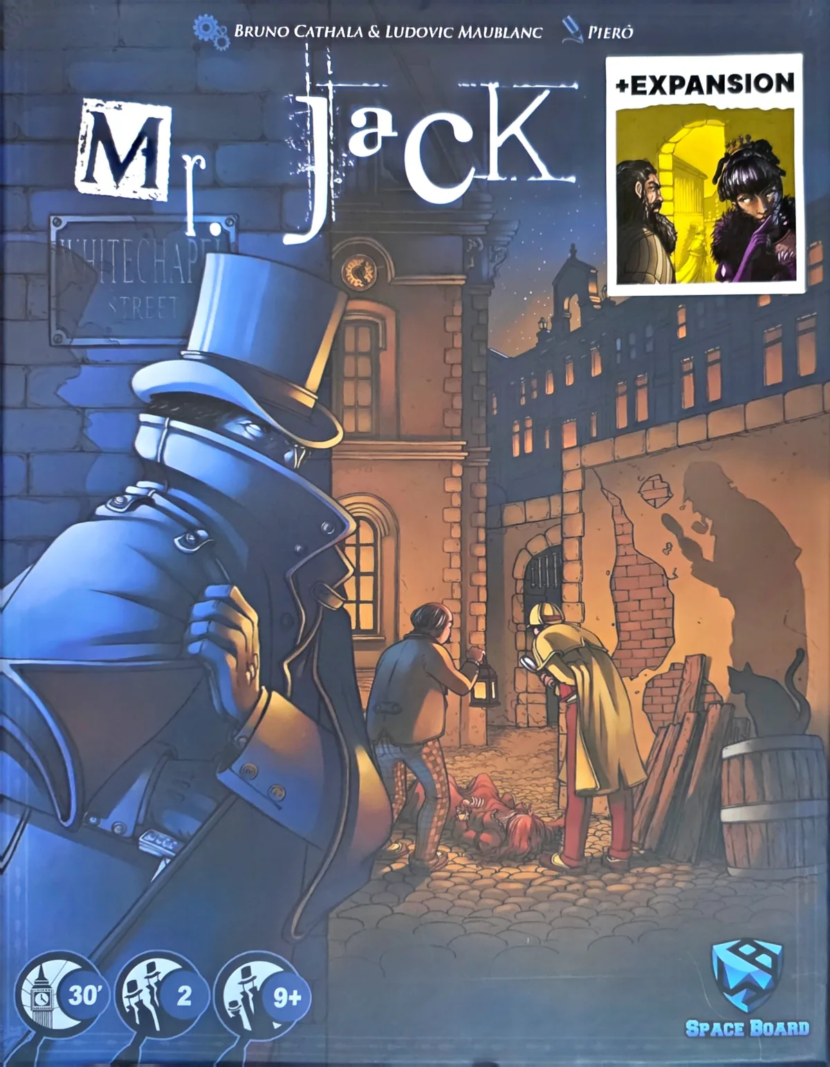 جلد بازی Mr. Jack با نقش مردی کلاهسیلندری در خیابان مهگرفتهٔ وایتچپل و برچسب بستهٔ گسترش