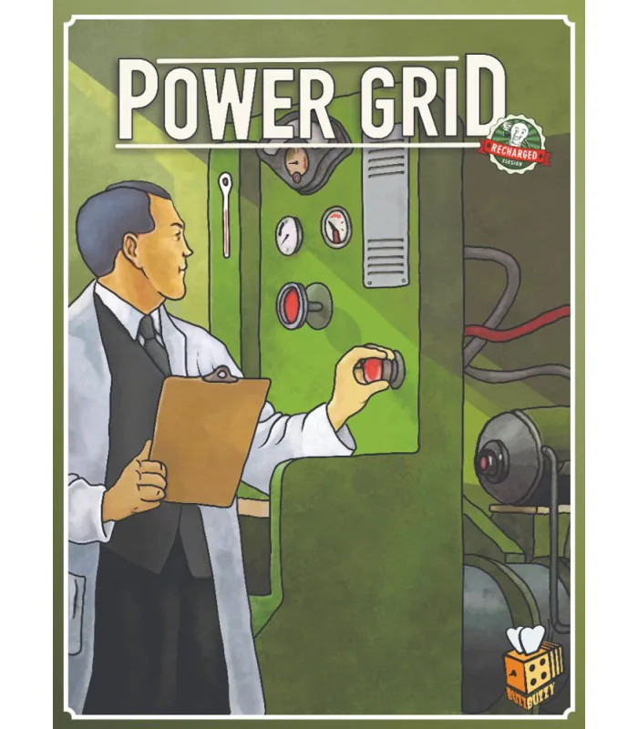 جلد بازی Power Grid با نقش مهندسی در برابر تابلوی کنترل سبزرنگ یک نیروگاه