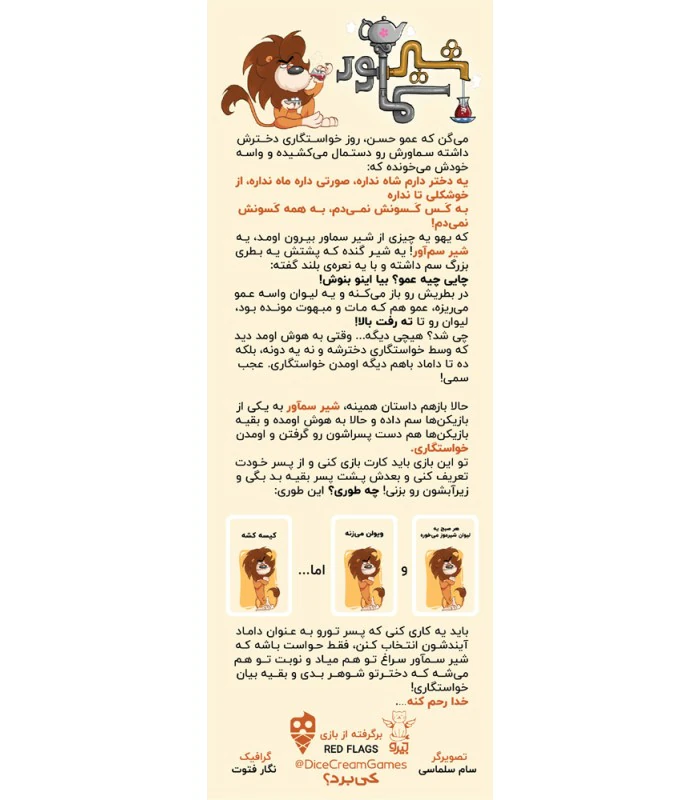 پشت جعبهٔ بازی شیر سماور، با توضیح فارسی و مشخصات بازی