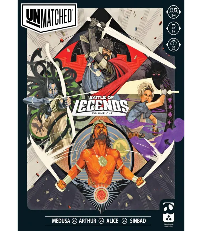 جلد بازی Unmatched: Battle of Legends با تصویر مدوسا، شاه آرتور، آلیس و سندباد در چهار قاب